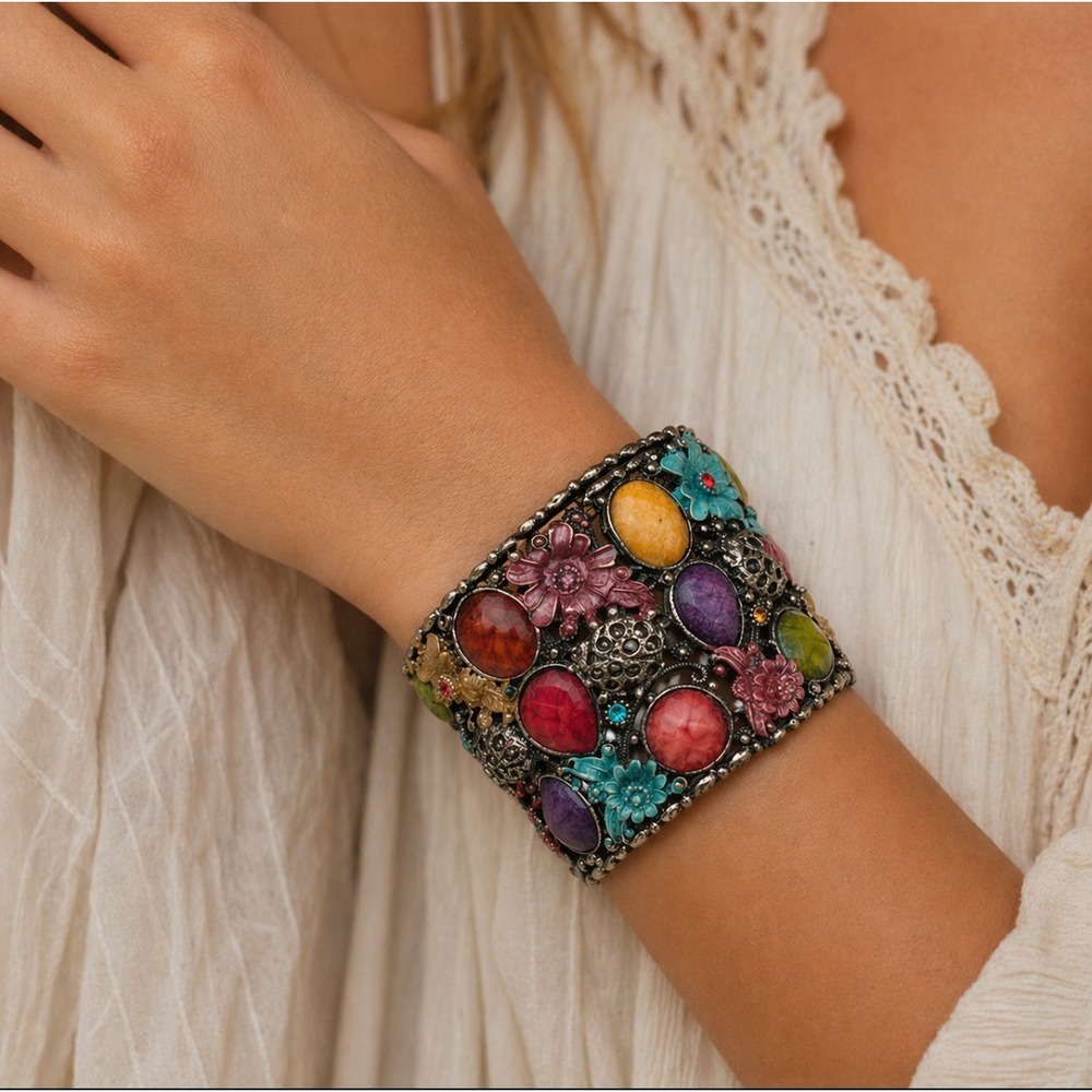 Colorful Cuff Bracelet Multi-Color Boho Eclectic Floral Faux Stone